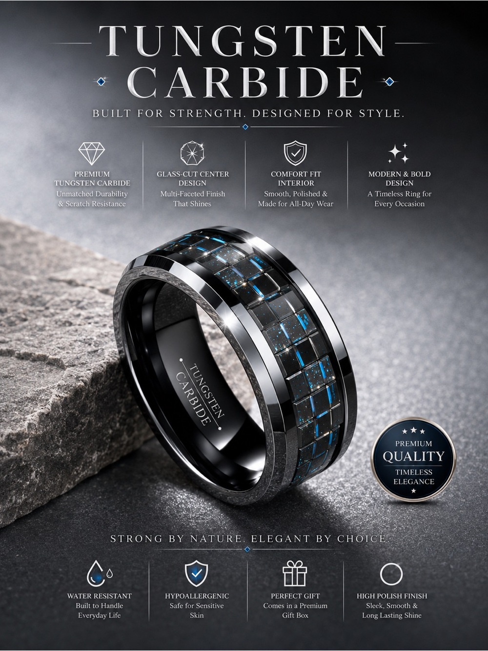 Tungsten Carbide Black Ring with Blue Glass-Cut Center | Comfort Fit